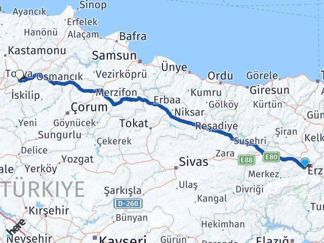 Erzincan Tosya Kastamonu Arası Kaç Km - Yol Haritası