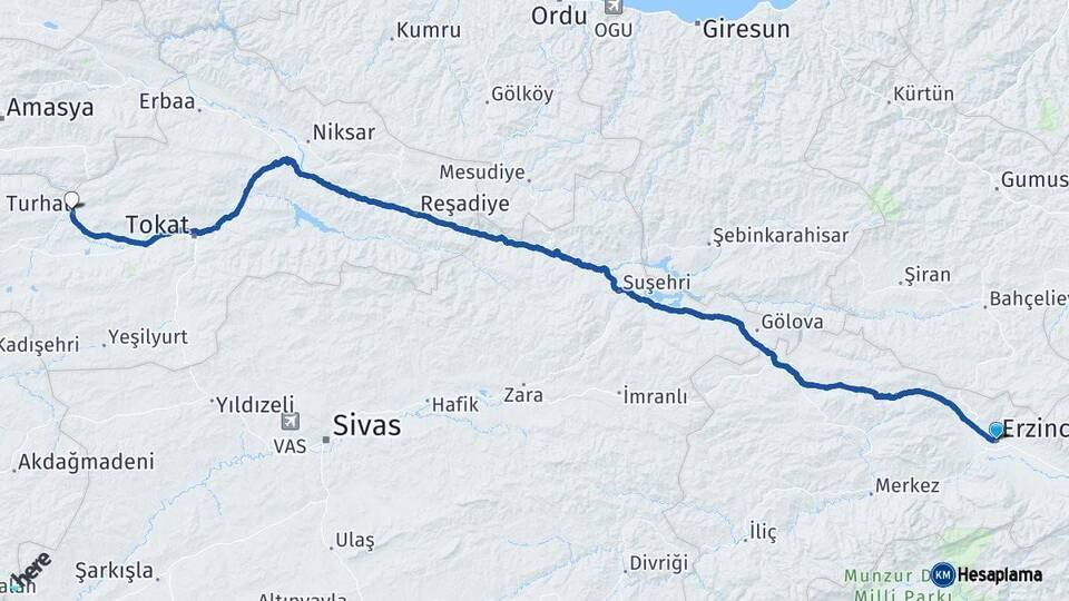 Erzincan Turhal Tokat Arası Kaç Km - Yol Haritası