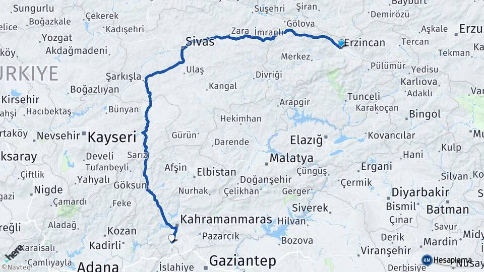 Erzincan Türkoğlu Kahramanmaraş Arası Kaç Km - Yol Haritası