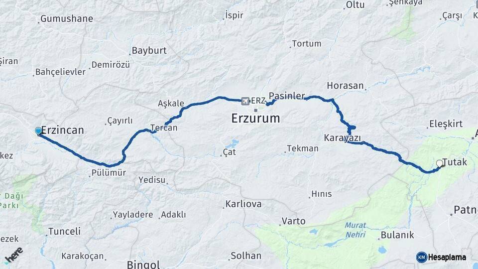 Erzincan Tutak Ağrı Arası Kaç Km - Yol Haritası