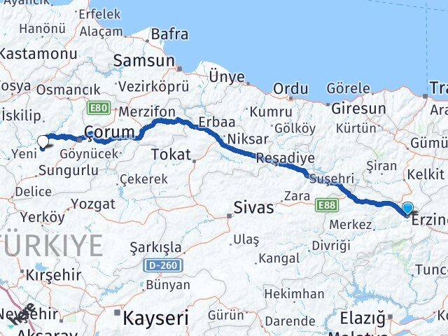 Erzincan Uğurludağ Çorum Arası Kaç Km - Yol Haritası