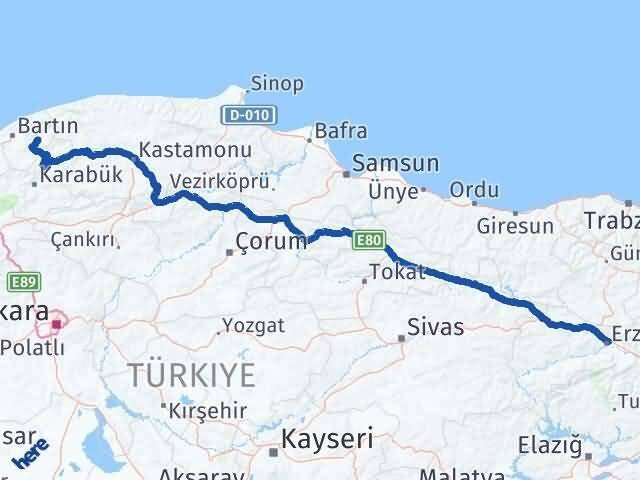 Erzincan Ulus Bartın Arası Kaç Km - Yol Haritası