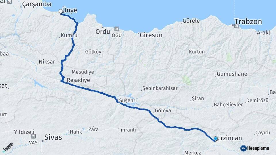 Erzincan Ünye Ordu Arası Kaç Km - Yol Haritası