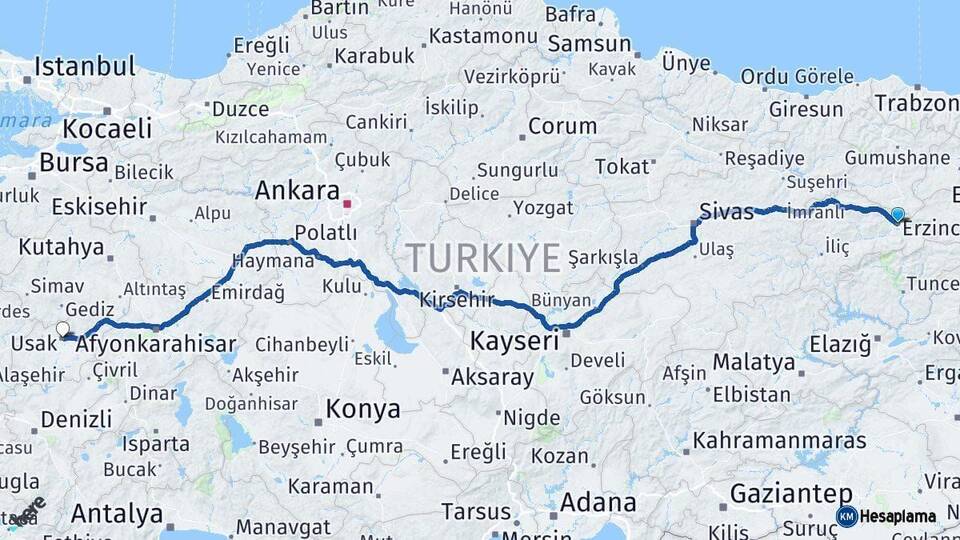 Erzincan Uşak Arası Kaç Km - Yol Haritası