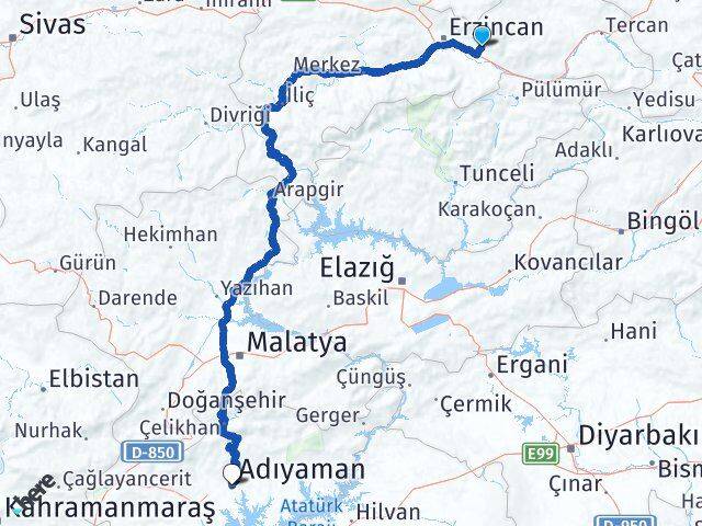 Erzincan Üzümlü Adıyaman Arası Kaç Km - Yol Haritası