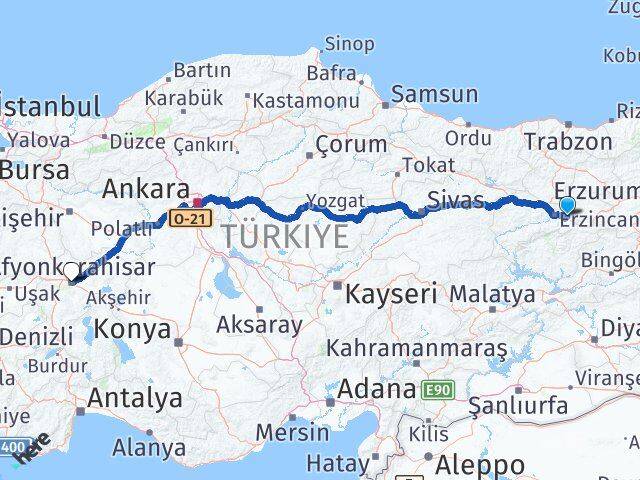 Erzincan Üzümlü Afyonkarahisar Arası Kaç Km - Yol Haritası