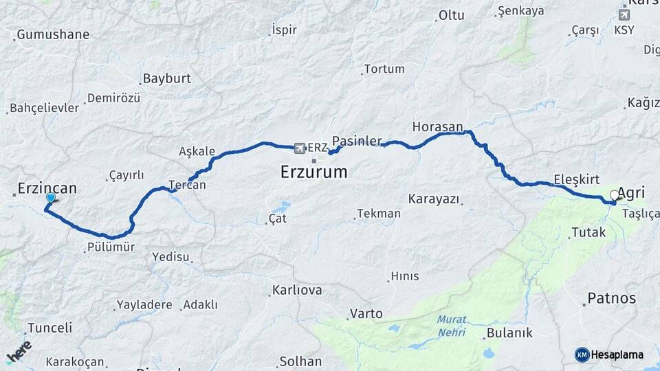 Erzincan Üzümlü Ağrı Arası Kaç Km - Yol Haritası