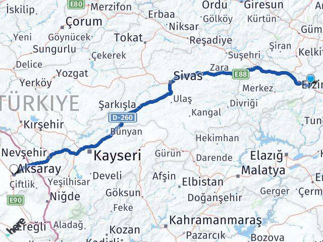 Erzincan Üzümlü Aksaray Arası Kaç Km - Yol Haritası