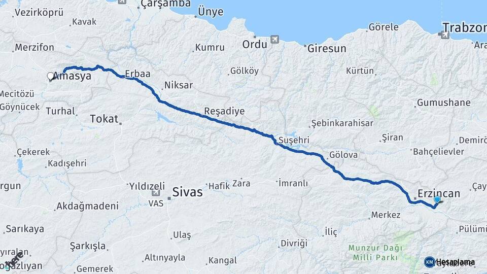 Erzincan Üzümlü Amasya Arası Kaç Km - Yol Haritası