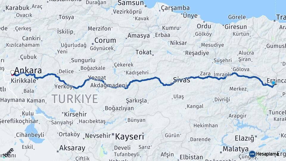 Erzincan Üzümlü Ankara Arası Kaç Km - Yol Haritası