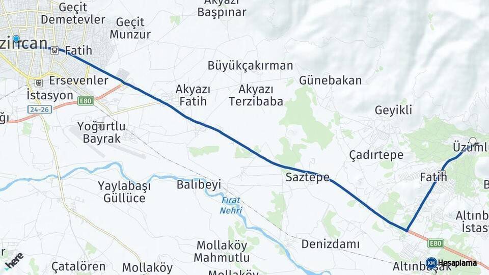 Erzincan Üzümlü Arası Kaç Km - Yol Haritası