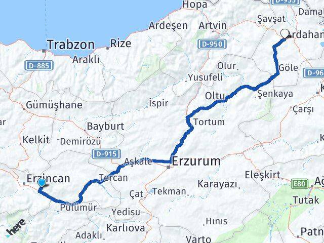 Erzincan Üzümlü Ardahan Arası Kaç Km - Yol Haritası