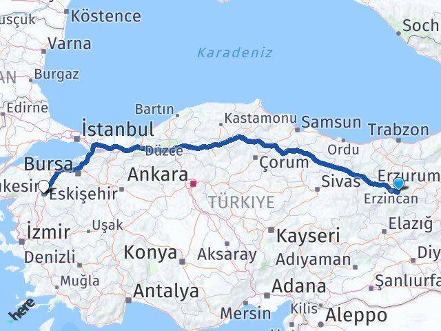 Erzincan Üzümlü Balıkesir Arası Kaç Km - Yol Haritası