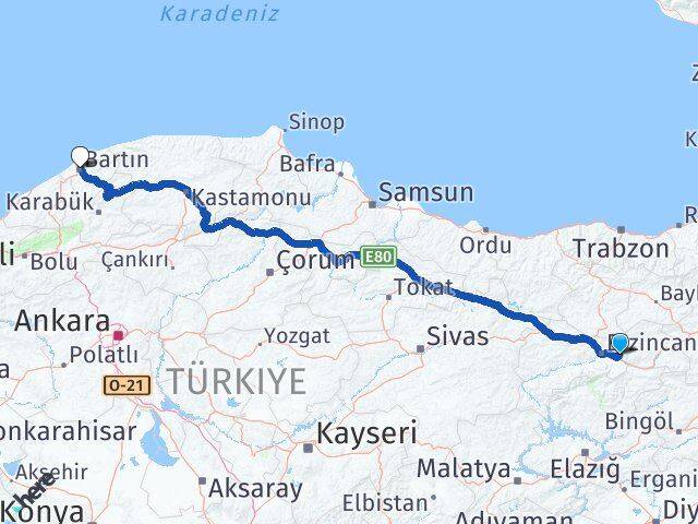 Erzincan Üzümlü Bartın Arası Kaç Km - Yol Haritası