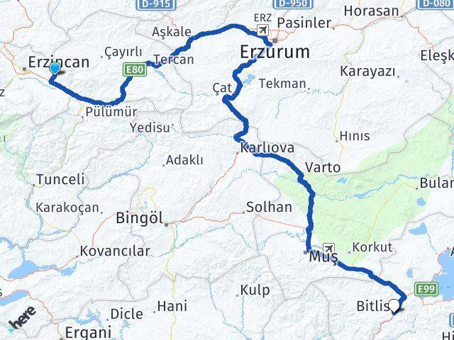 Erzincan Üzümlü Bitlis Arası Kaç Km - Yol Haritası