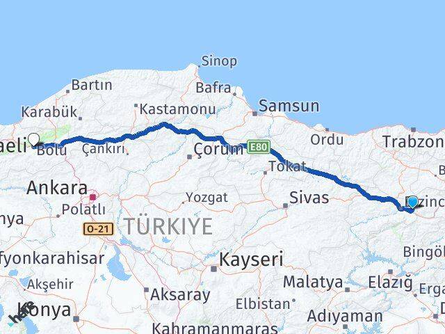 Erzincan Üzümlü Bolu Arası Kaç Km - Yol Haritası