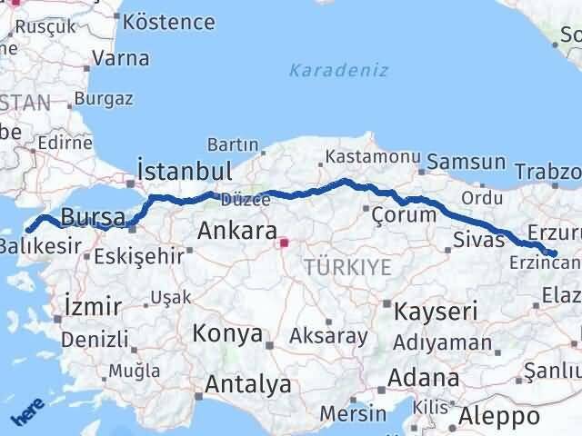 Erzincan Üzümlü Çanakkale Arası Kaç Km - Yol Haritası