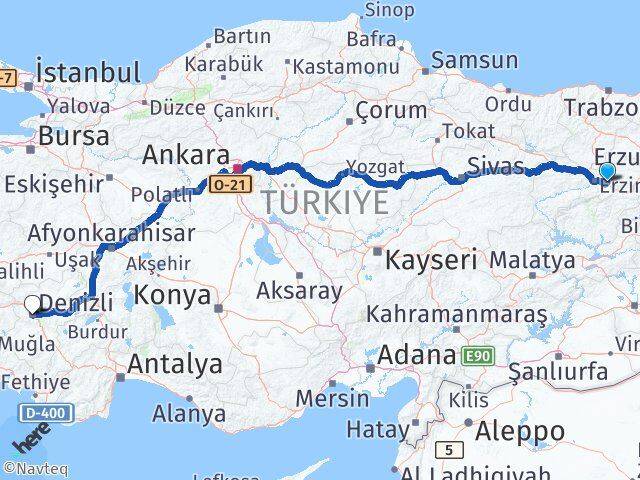 Erzincan Üzümlü Denizli Arası Kaç Km - Yol Haritası