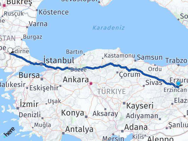 Erzincan Üzümlü Edirne Arası Kaç Km - Yol Haritası