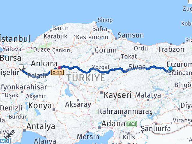Erzincan Üzümlü Eskişehir Arası Kaç Km - Yol Haritası