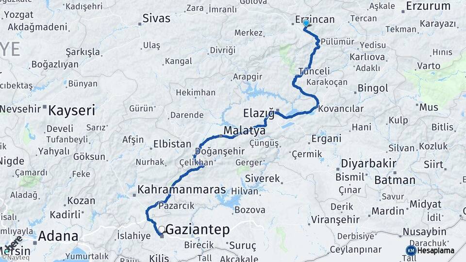 Erzincan Üzümlü Gaziantep Arası Kaç Km - Yol Haritası