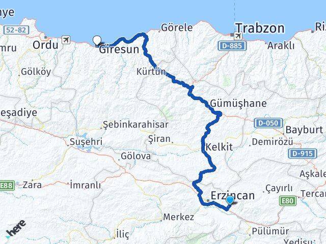 Erzincan Üzümlü Giresun Arası Kaç Km - Yol Haritası