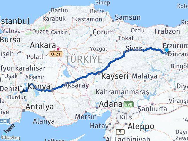Erzincan Üzümlü Isparta Arası Kaç Km - Yol Haritası