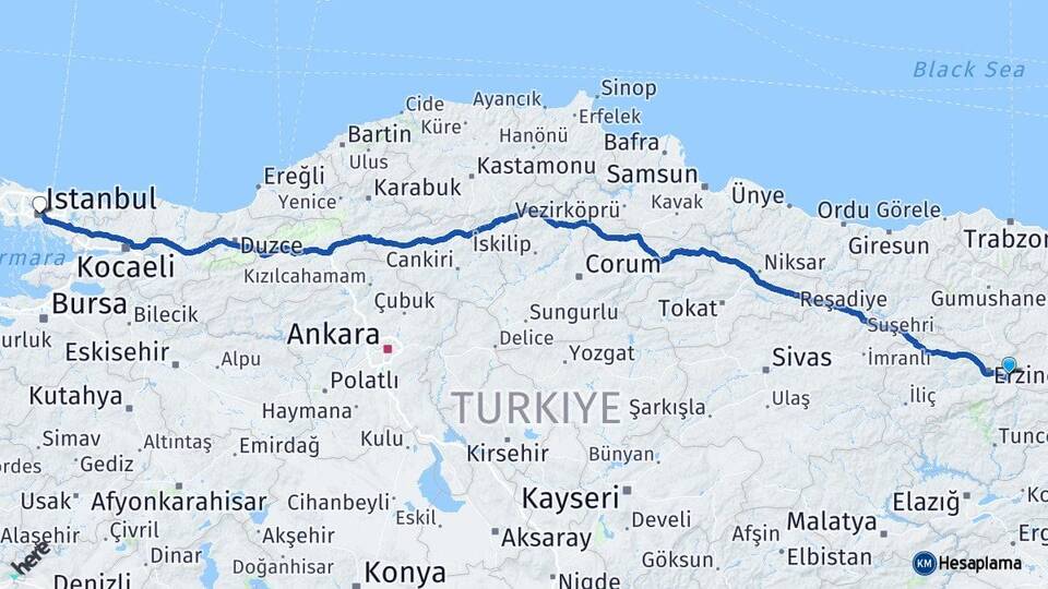 Erzincan Üzümlü İstanbul Arası Kaç Km - Yol Haritası
