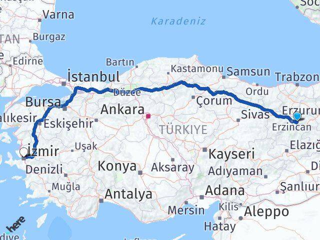 Erzincan Üzümlü İzmir Arası Kaç Km - Yol Haritası