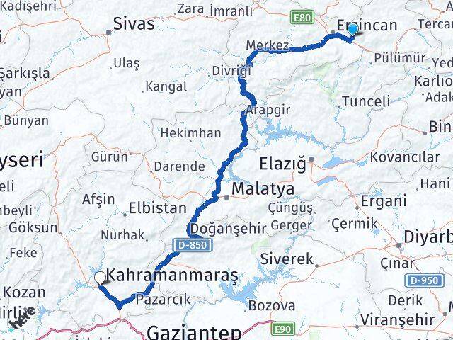 Erzincan Üzümlü Kahramanmaraş Arası Kaç Km - Yol Haritası