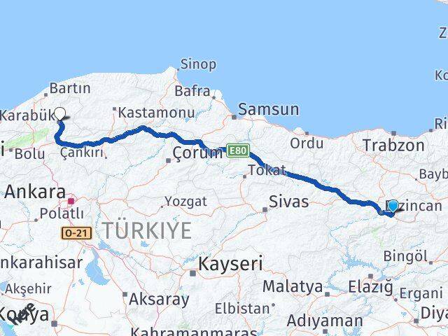 Erzincan Üzümlü Karabük Arası Kaç Km - Yol Haritası