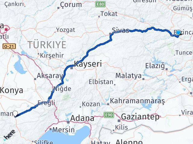 Erzincan Üzümlü Karaman Arası Kaç Km - Yol Haritası