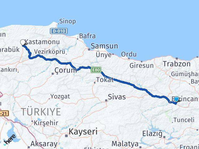 Erzincan Üzümlü Kastamonu Arası Kaç Km - Yol Haritası