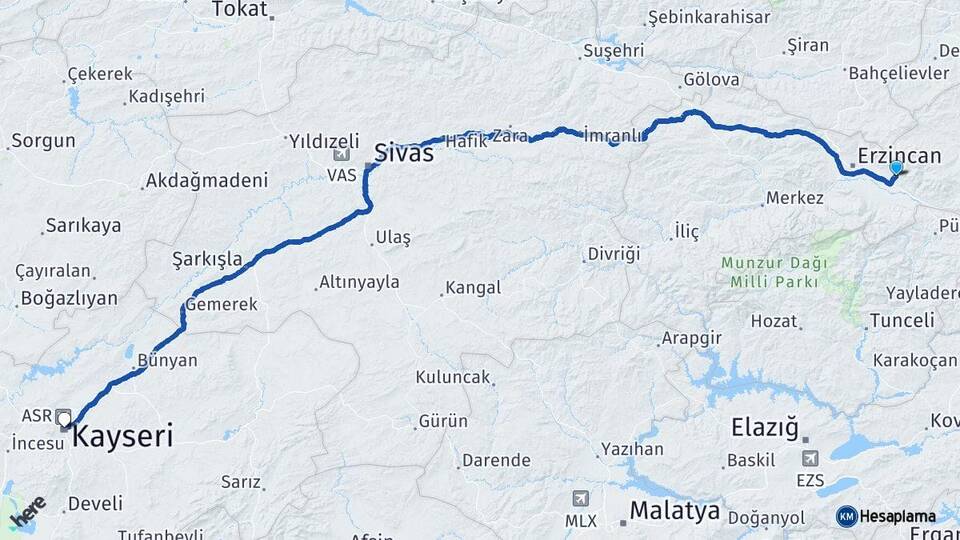 Erzincan Üzümlü Kayseri Arası Kaç Km - Yol Haritası