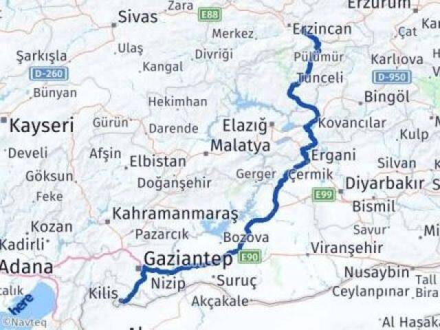 Erzincan Üzümlü Kilis Arası Kaç Km - Yol Haritası