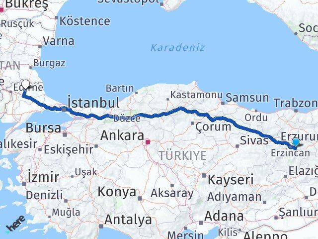 Erzincan Üzümlü Kırklareli Arası Kaç Km - Yol Haritası