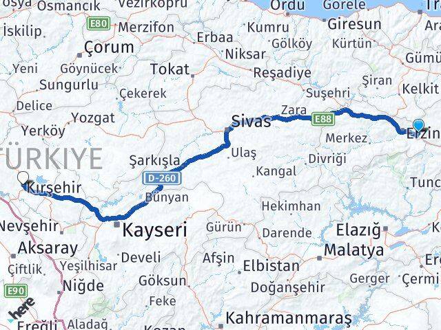 Erzincan Üzümlü Kırşehir Arası Kaç Km - Yol Haritası