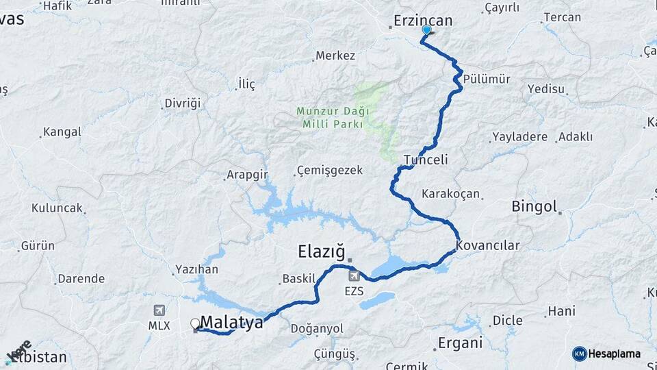 Erzincan Üzümlü Malatya Arası Kaç Km - Yol Haritası