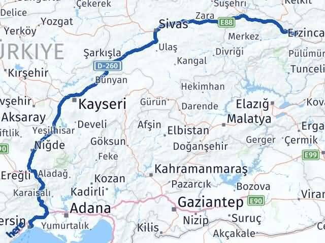 Erzincan Üzümlü Mersin Arası Kaç Km - Yol Haritası