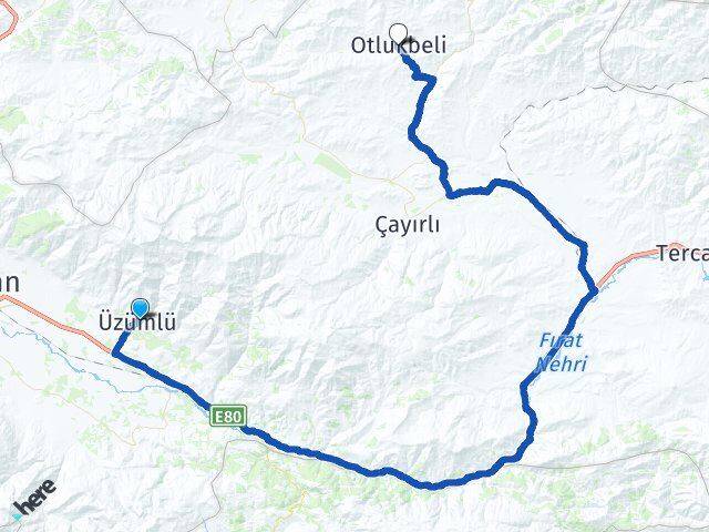 Erzincan Üzümlü Otlukbeli Arası Kaç Km - Yol Haritası
