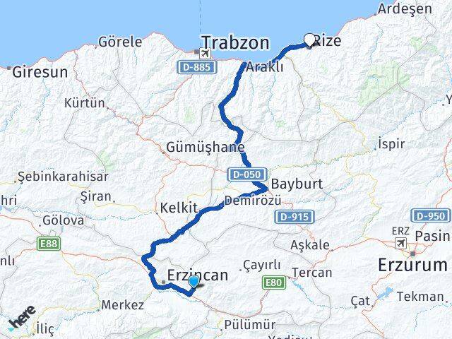 Erzincan Üzümlü Rize Arası Kaç Km - Yol Haritası