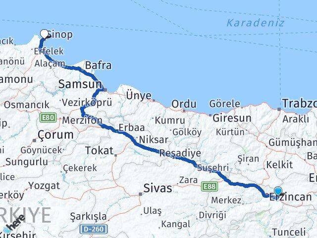 Erzincan Üzümlü Sinop Arası Kaç Km - Yol Haritası