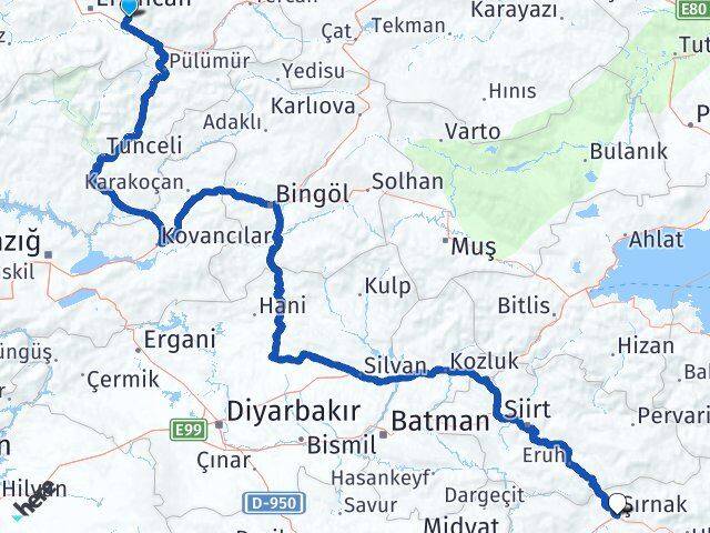 Erzincan Üzümlü Şırnak Arası Kaç Km - Yol Haritası