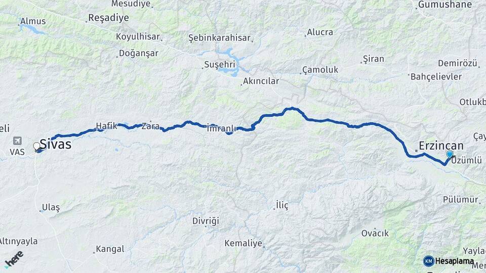 Erzincan Üzümlü Sivas Arası Kaç Km - Yol Haritası