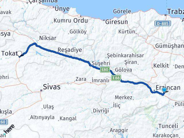 Erzincan Üzümlü Tokat Arası Kaç Km - Yol Haritası