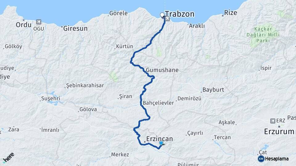 Erzincan Üzümlü Trabzon Arası Kaç Km - Yol Haritası