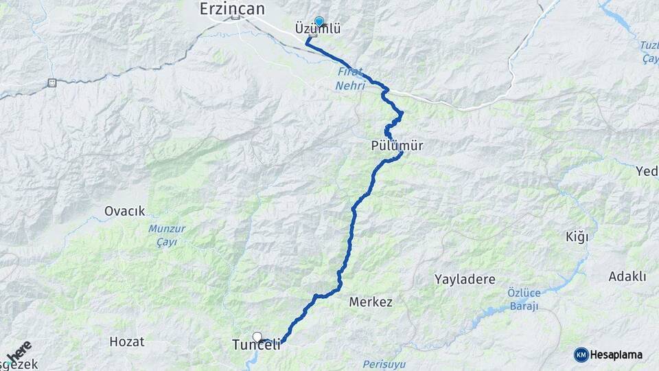 Erzincan Üzümlü Tunceli Arası Kaç Km - Yol Haritası