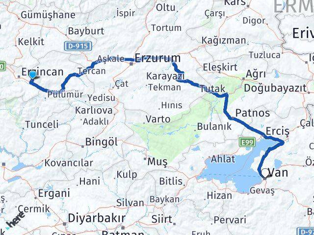Erzincan Üzümlü Van Arası Kaç Km - Yol Haritası
