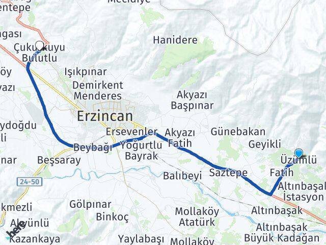 Erzincan Üzümlü Yalnızbağ Arası Kaç Km - Yol Haritası