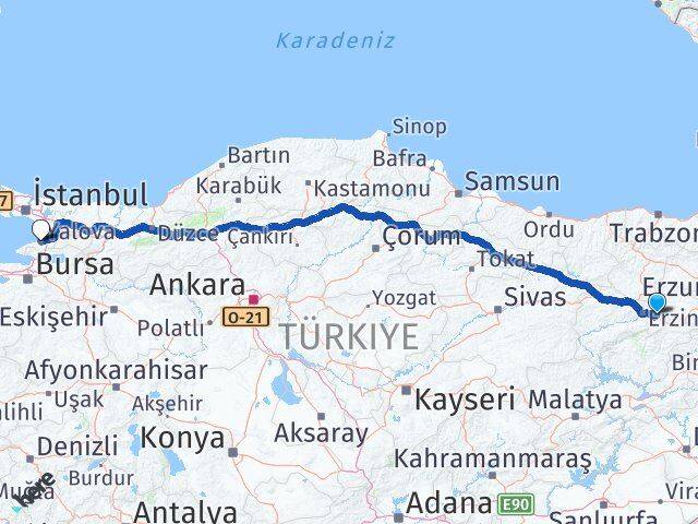 Erzincan Üzümlü Yalova Arası Kaç Km - Yol Haritası